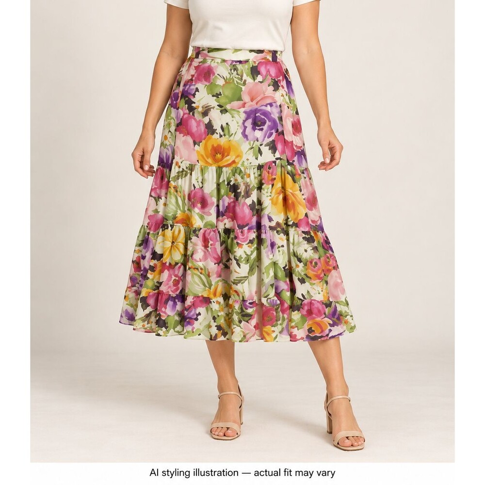 Jones New York Womens 12 Silk Floral Tiered Midi Skirt Multicolor Lined Side Zip
